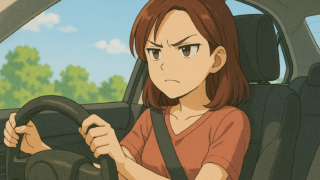 車の運転席でイライラしている女性。
