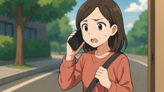 道端に立ってスマートフォンで警察に通報する人