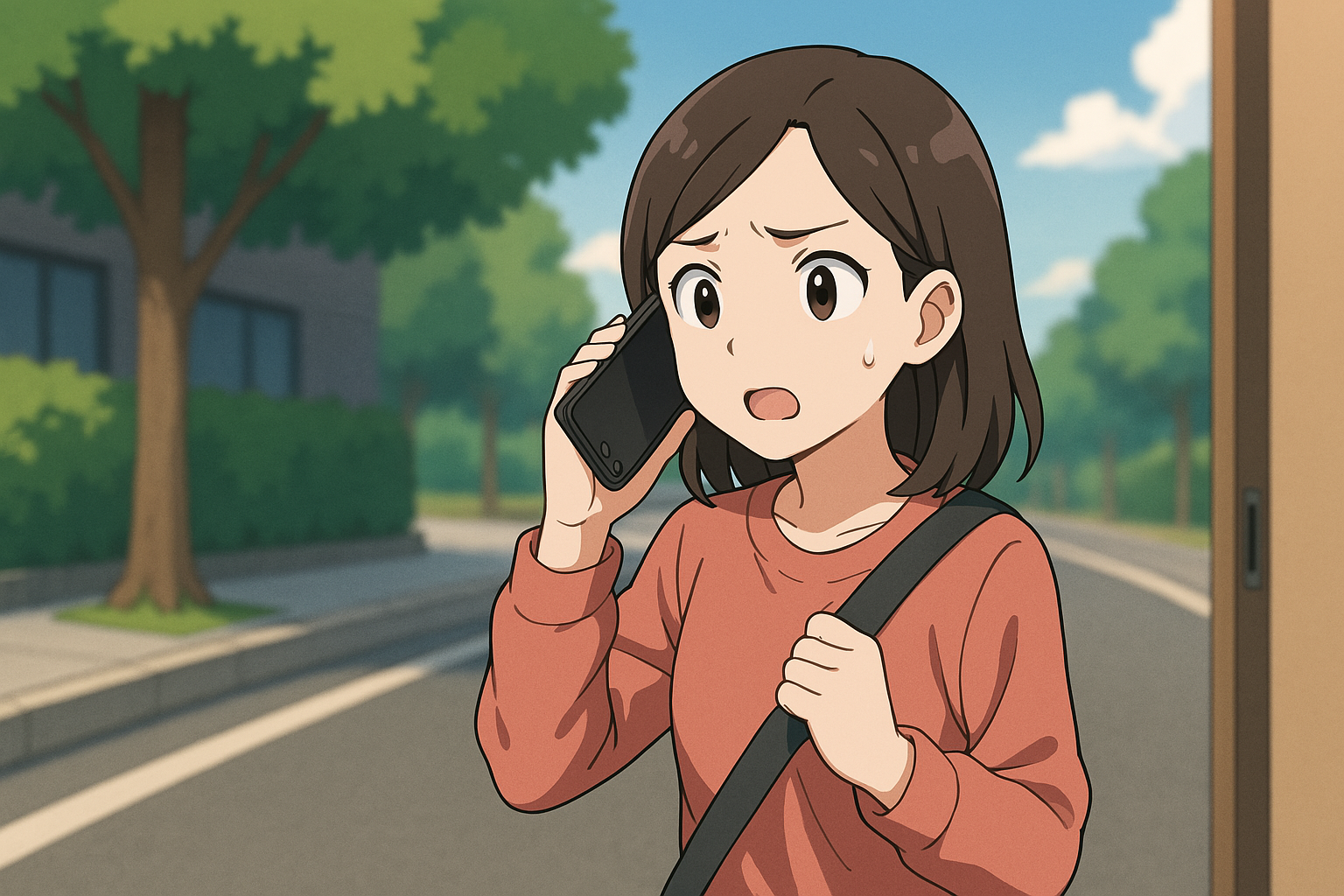 道端に立ってスマートフォンで警察に通報する人