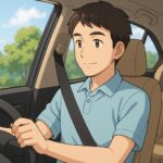 安全運転をしている男性（穏やかで集中した表情）