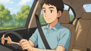 安全運転をしている男性（穏やかで集中した表情）