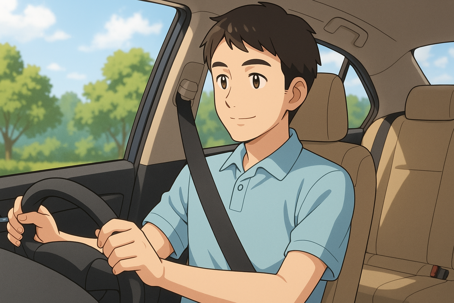 安全運転をしている男性（穏やかで集中した表情）