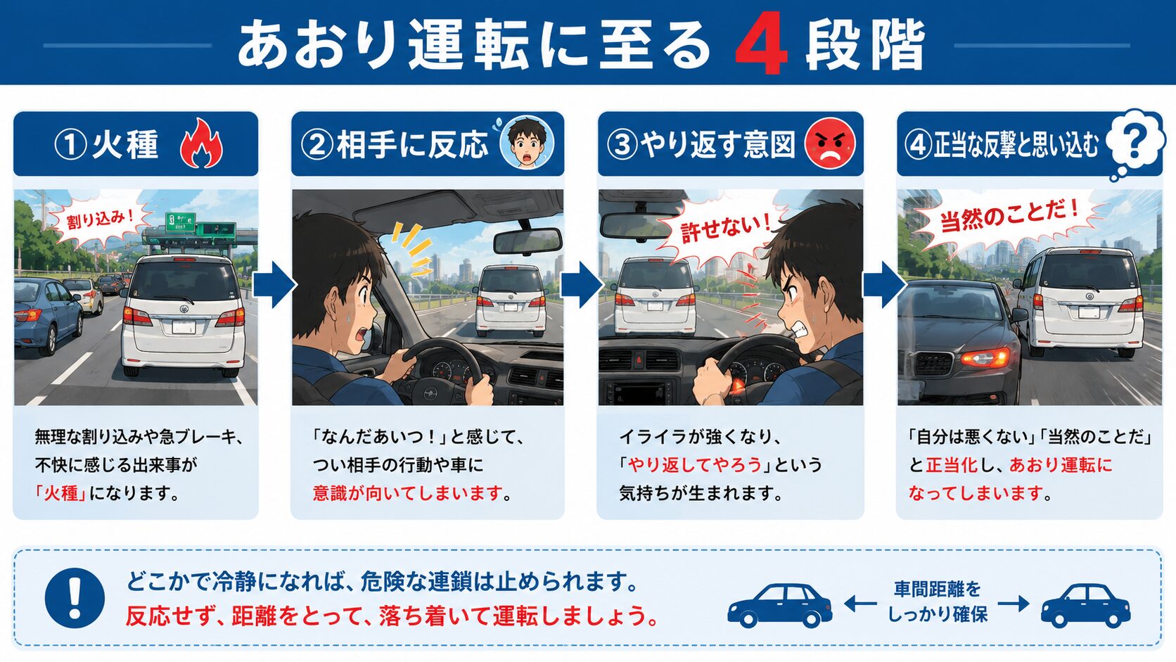 あおり運転に至る4段階（火種・相手に反応・やり返す意図・正当な反撃と思い込む）の図解