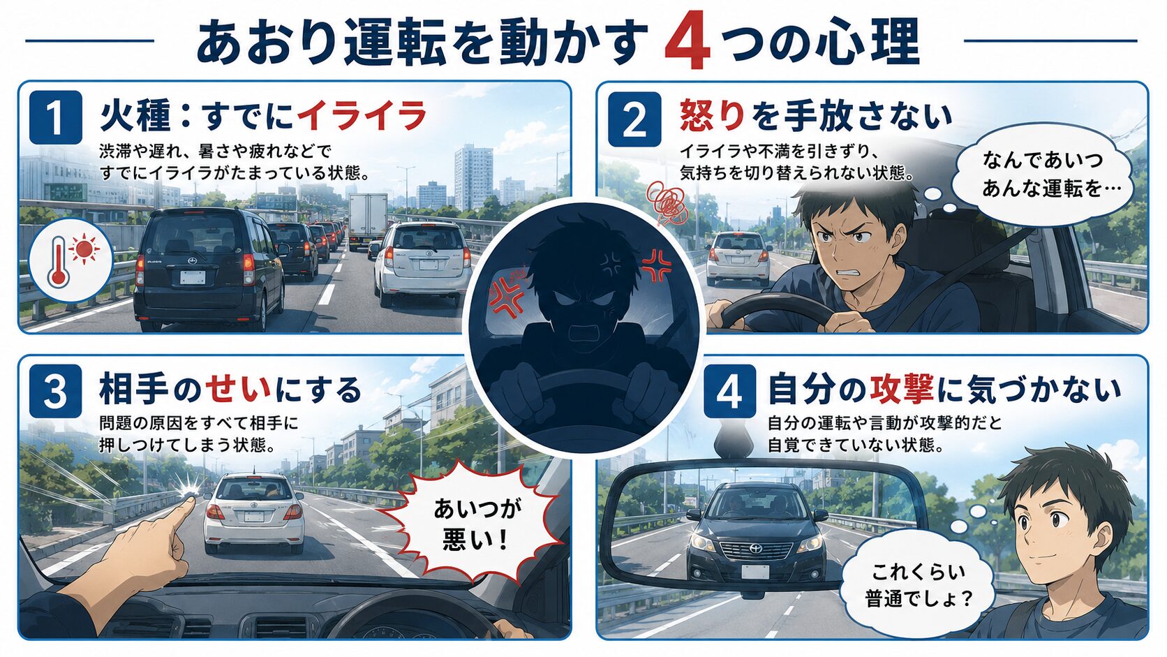 あおり運転を動かす4つの心理（火種・怒りの維持・帰属バイアス・洞察の欠如）の図解