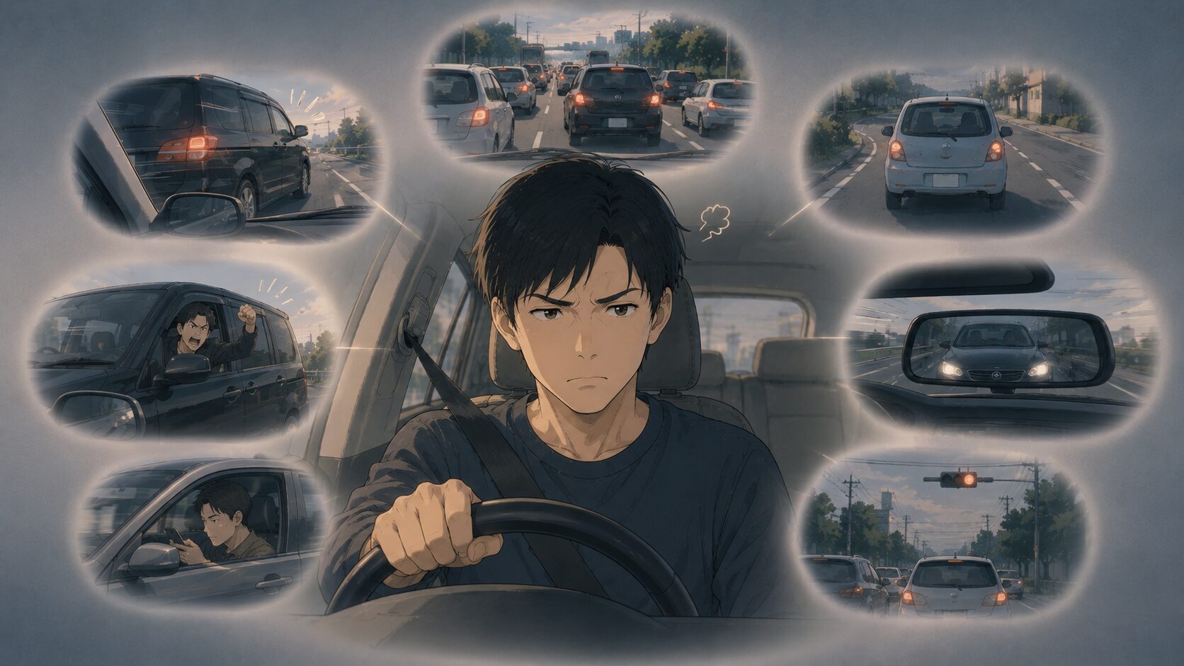 運転中の怒りを6つの場面に分類するイメージ
