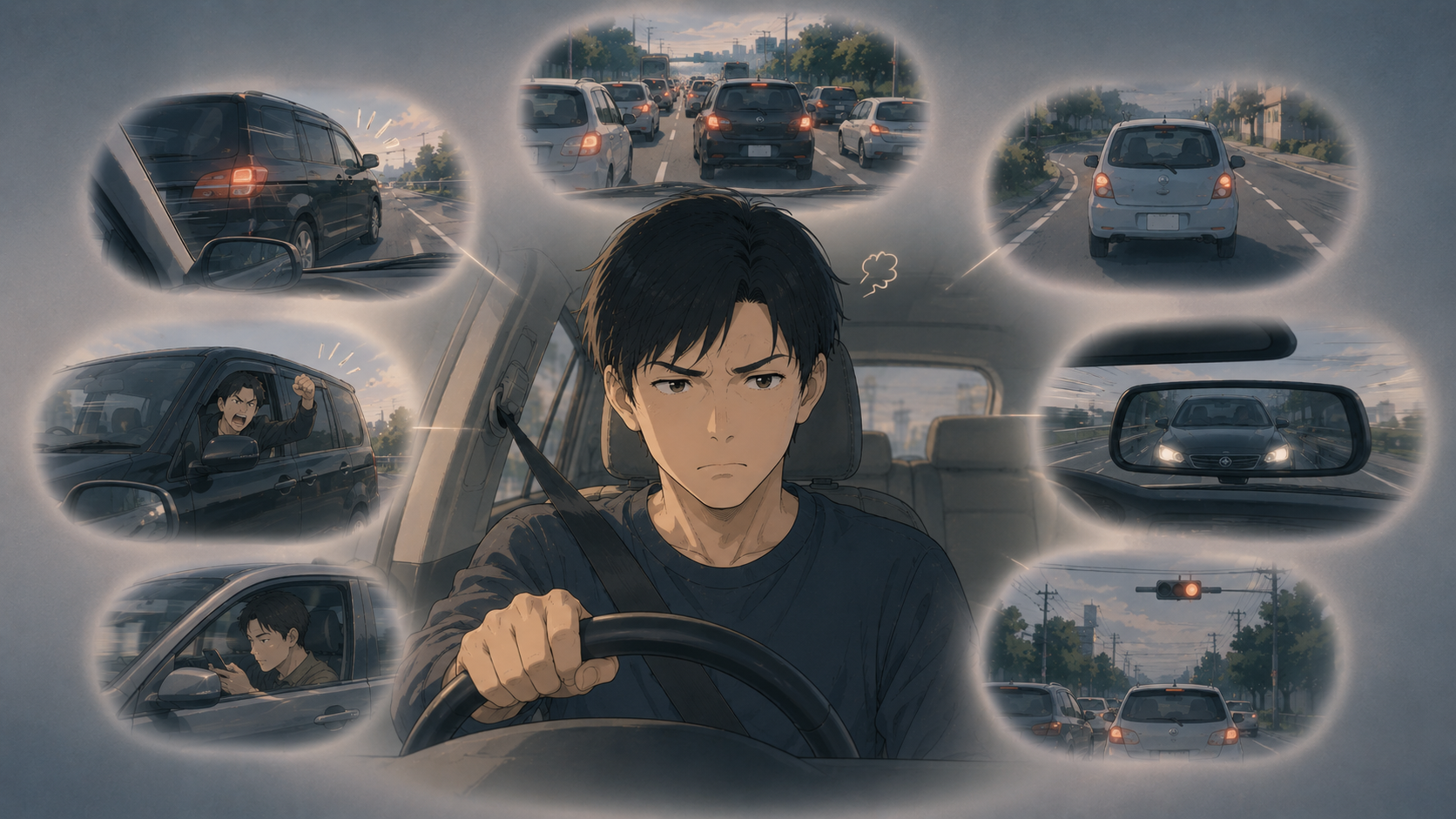 運転中の怒りを6つの場面に分類するイメージ