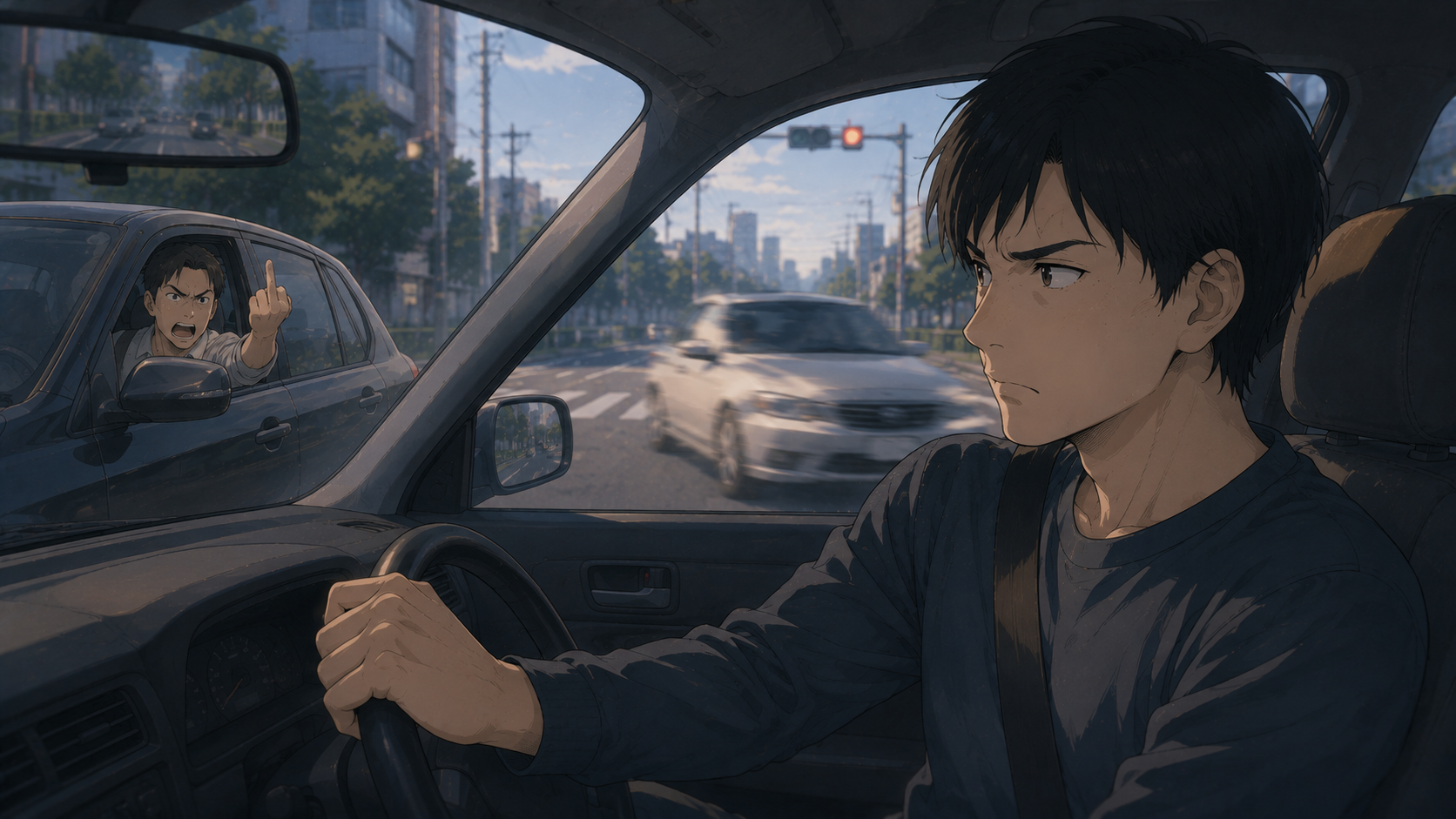 運転中にドライバーがイラッとする場面のイラスト