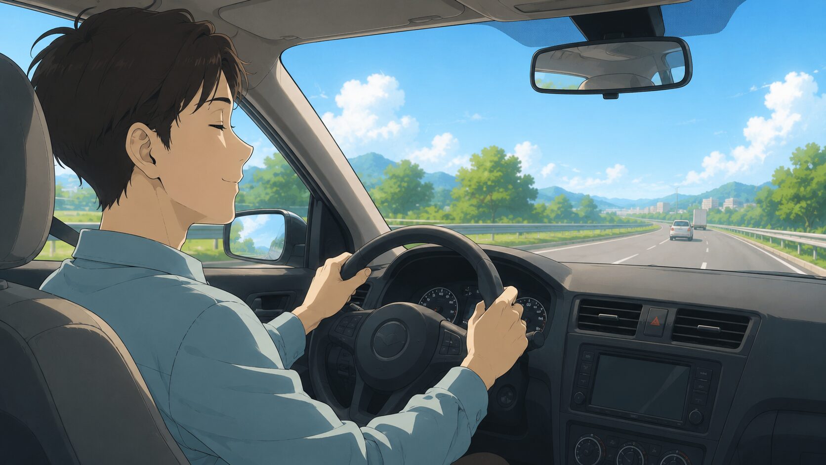 深呼吸して落ち着いて運転するドライバー