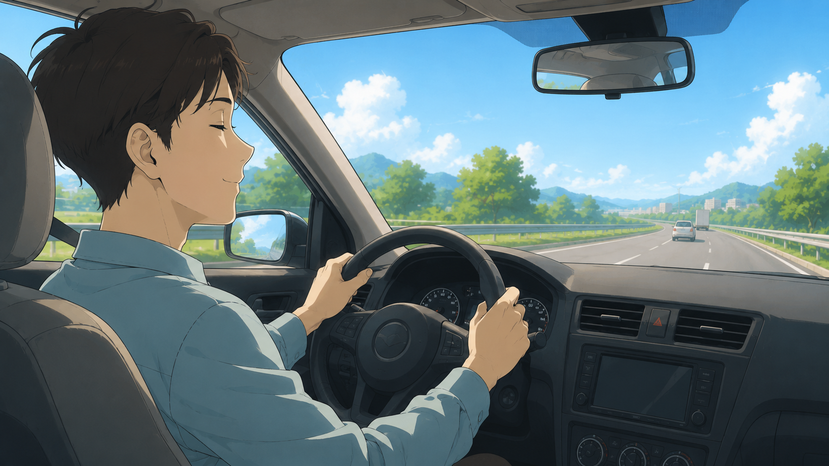 深呼吸して落ち着いて運転するドライバー