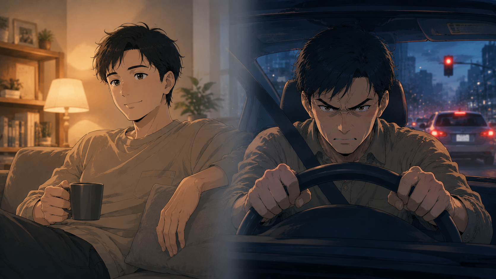 家庭では穏やかでも運転になると別人のように怒る同一人物の対比イラスト