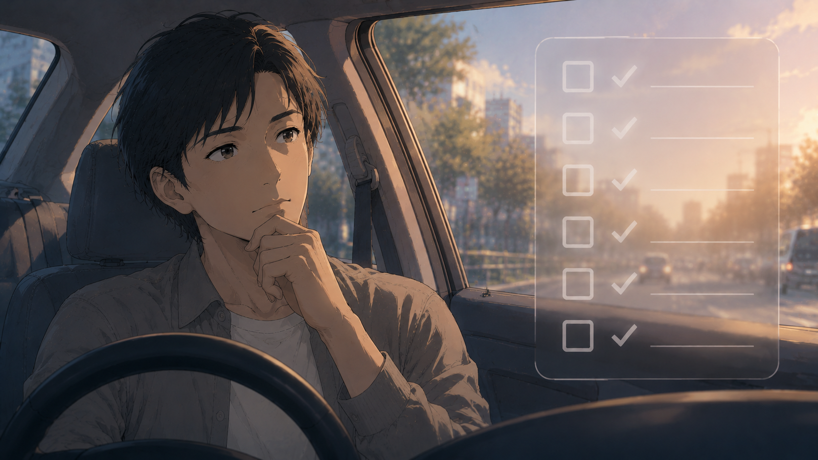 運転中の怒り傾向を自己観察するために考え込むドライバーのイラスト
