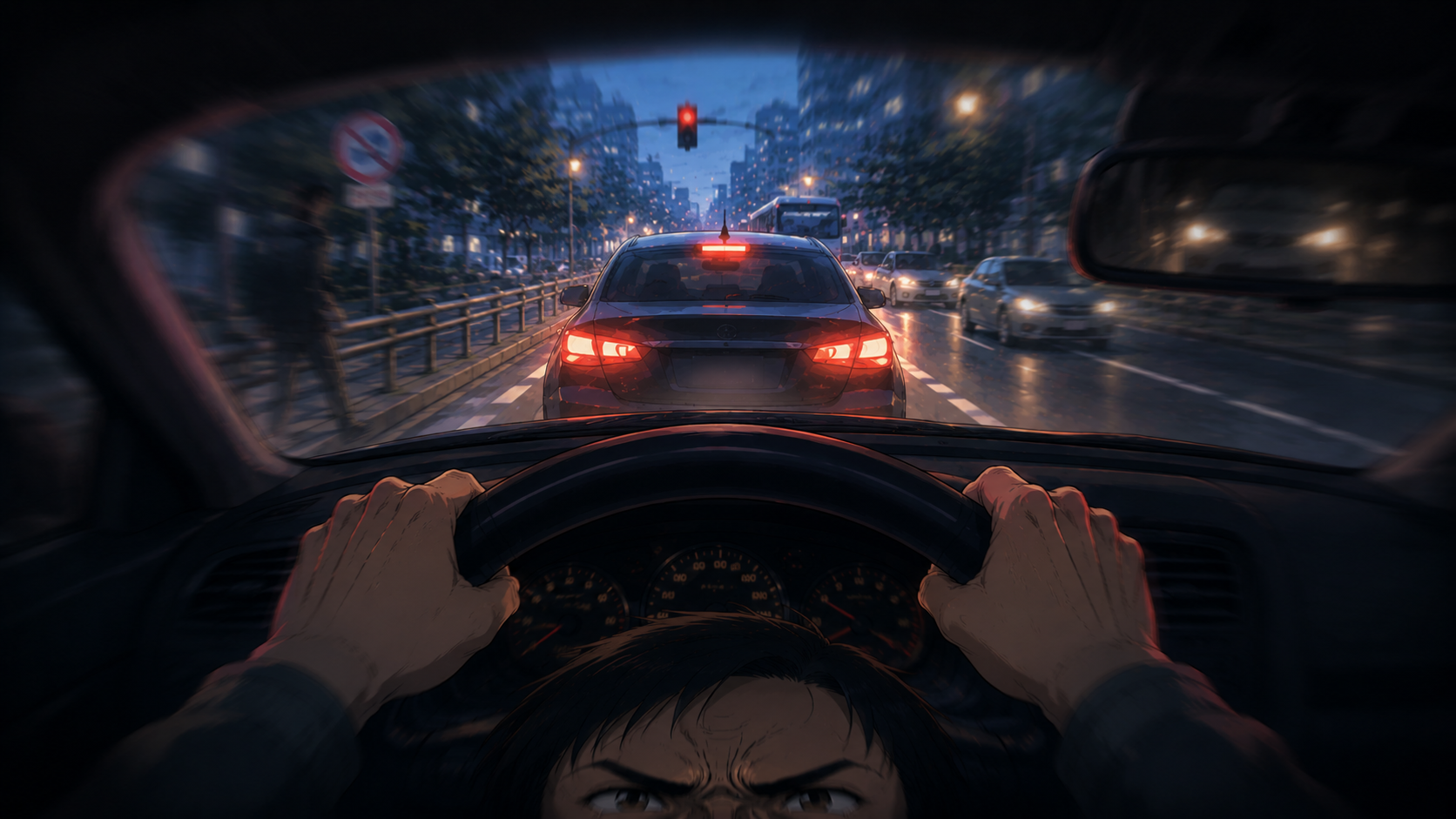 怒りで視野が狭くなり前方車との車間が詰まる運転視点のイラスト