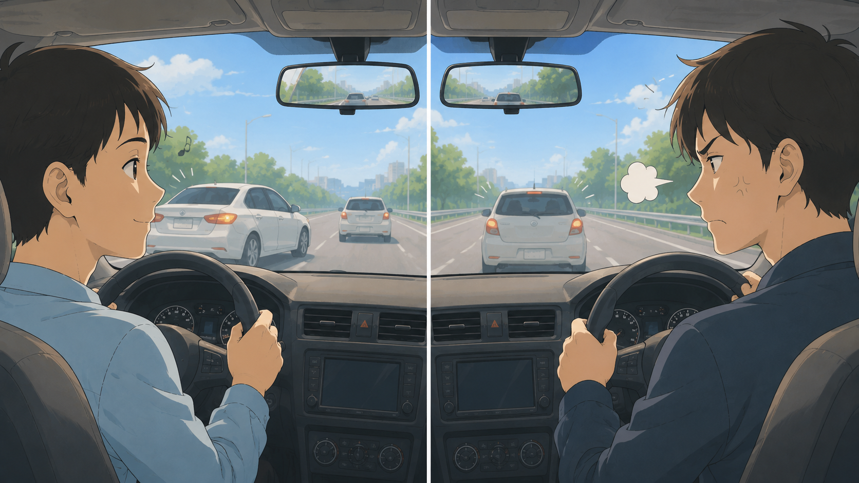 同じ運転場面でも運転手によって怒りの反応が違うことを表すイラスト