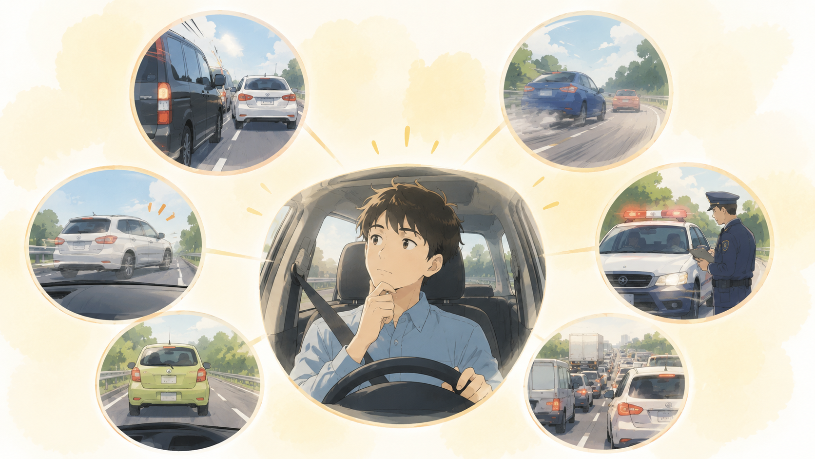運転中に怒りを感じる6つの場面を自分に当てはめてチェックするイメージ