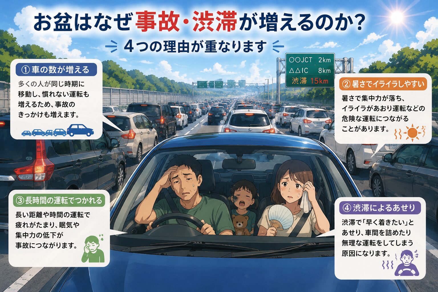 お盆に事故と渋滞が増える4つの理由（車の増加・暑さ・疲れ・あせり）の図解