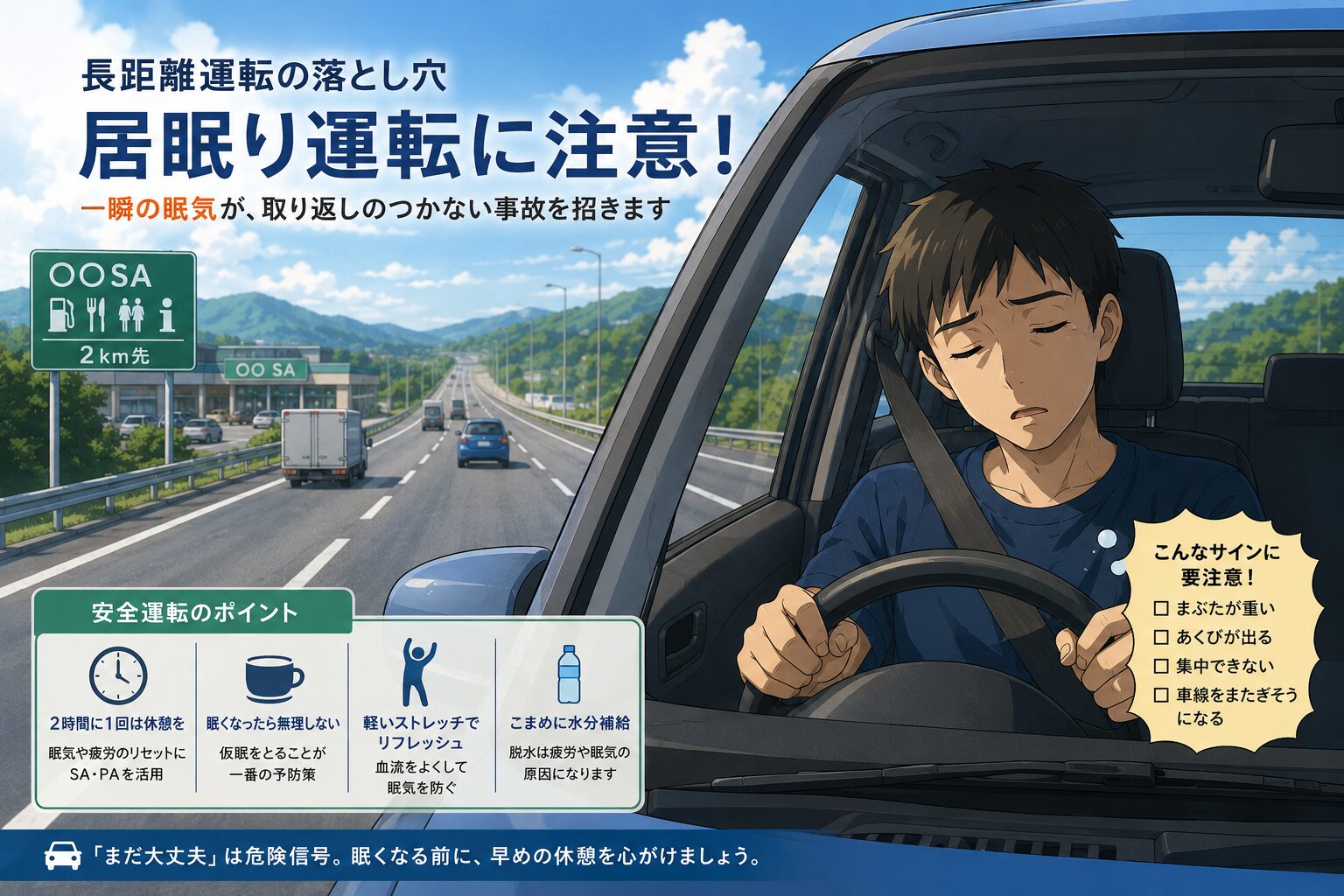 長距離運転中に居眠りしそうな運転者と居眠り運転を防ぐ安全運転のポイント