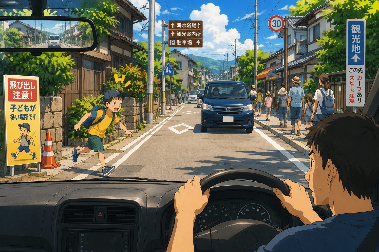 住宅街で道路に飛び出してくる子どもと運転席からの視点