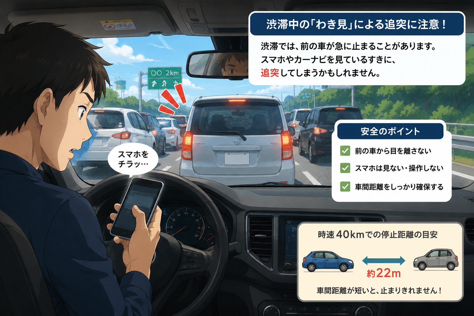 渋滞中にスマホのわき見で前の車に追突しそうになる運転者と車間距離の目安