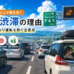 お盆の帰省ラッシュで渋滞する高速道路と家族連れの車