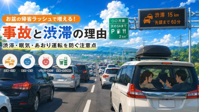 お盆の帰省ラッシュで渋滞する高速道路と家族連れの車