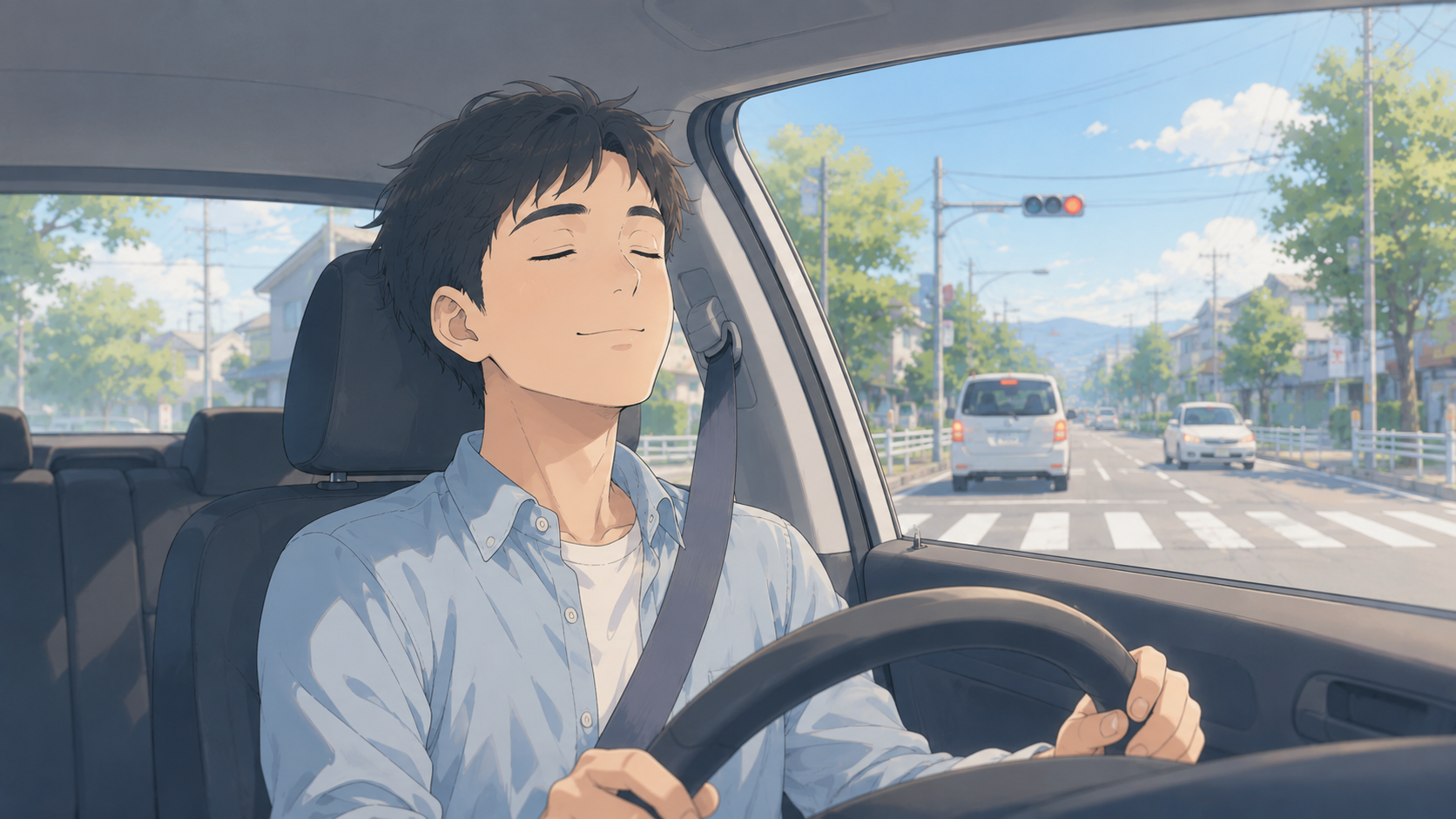 信号待ちで肩や手の力を抜き深呼吸してリラックスするドライバー