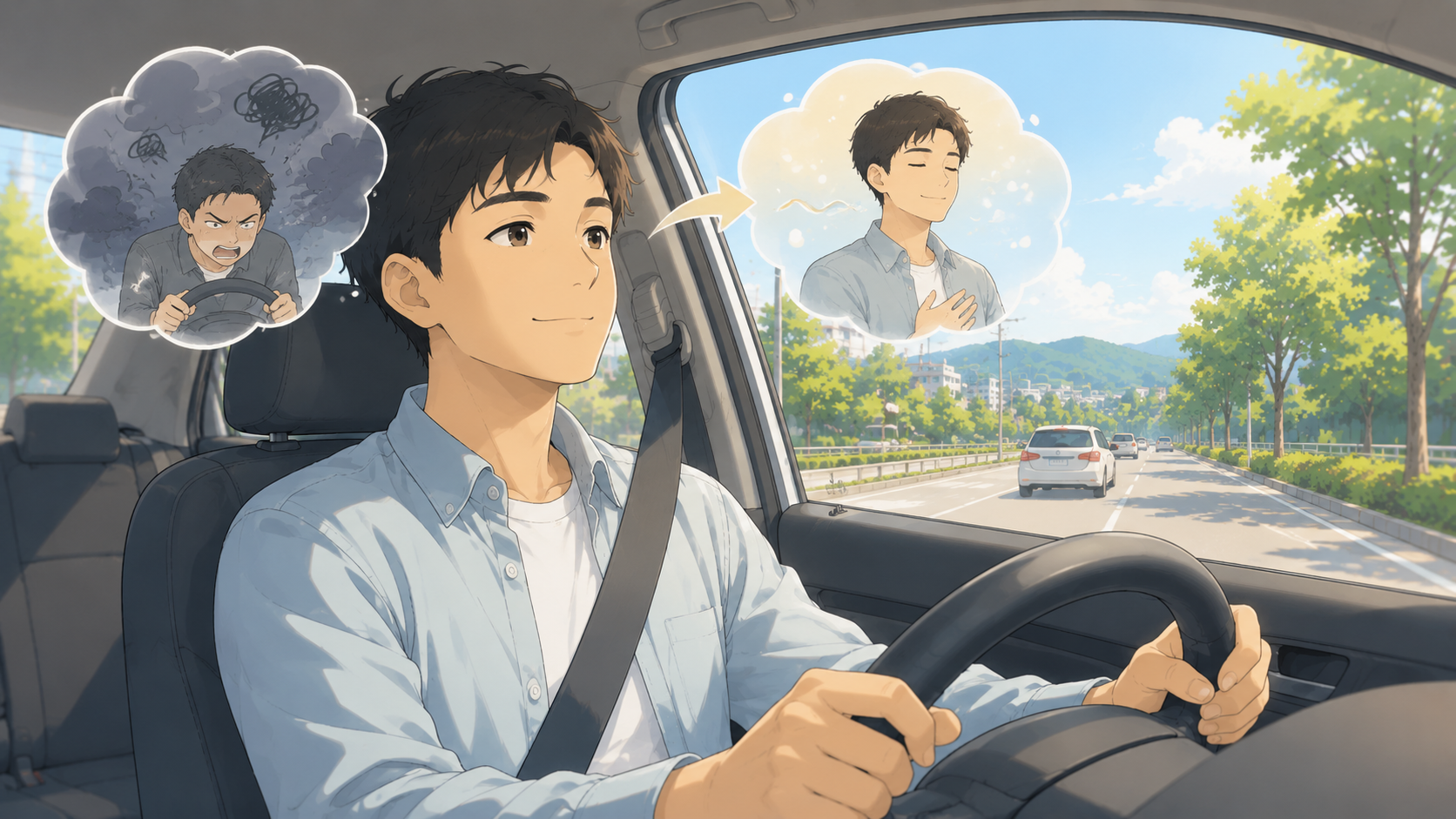 荒れた自分ではなく落ち着いた自分を選び、運転中の怒りを扱えるようになるイメージ