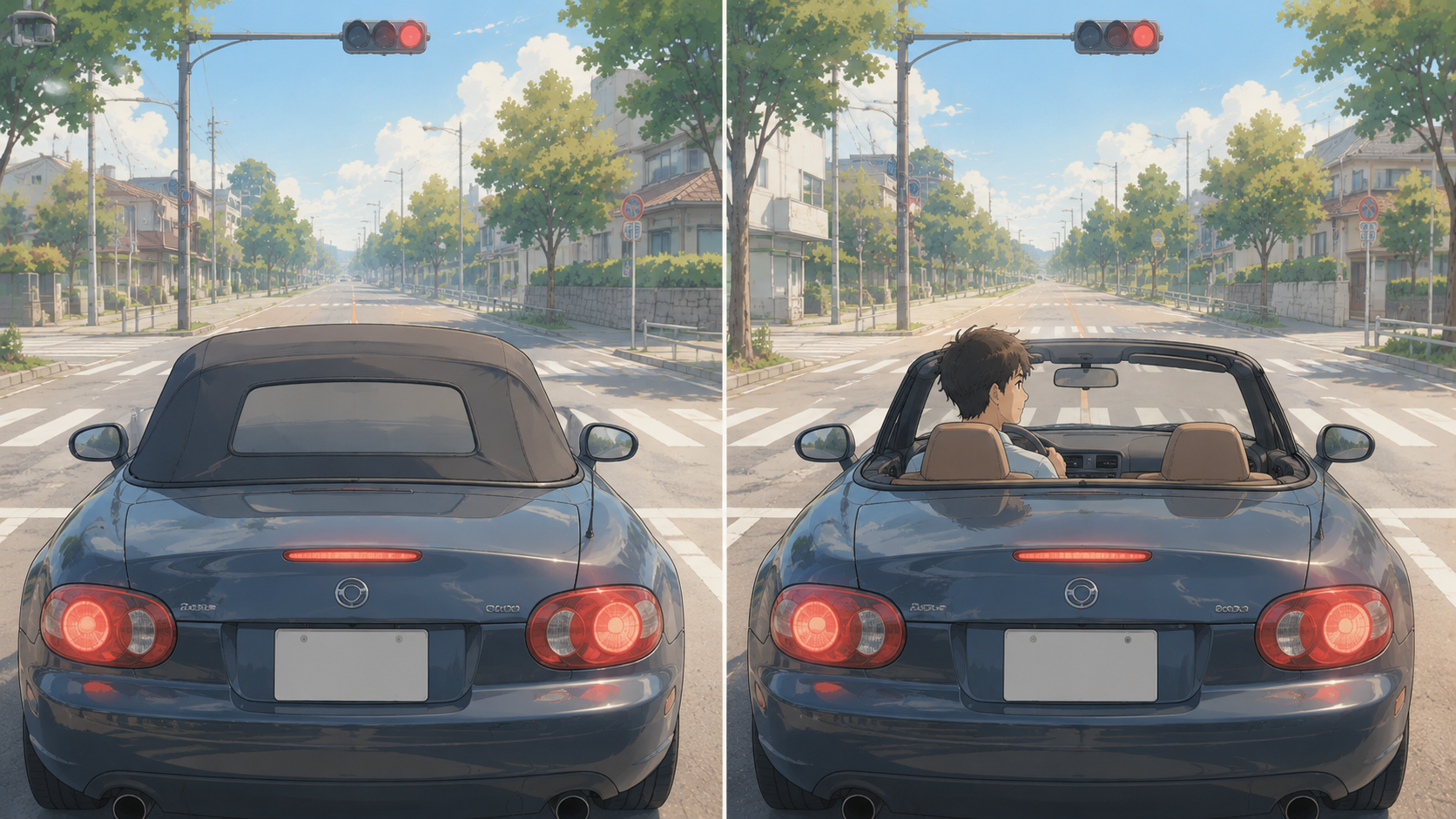 オープンカーの幌が閉じた匿名状態と、開いて顔が見える状態を比べるイメージ