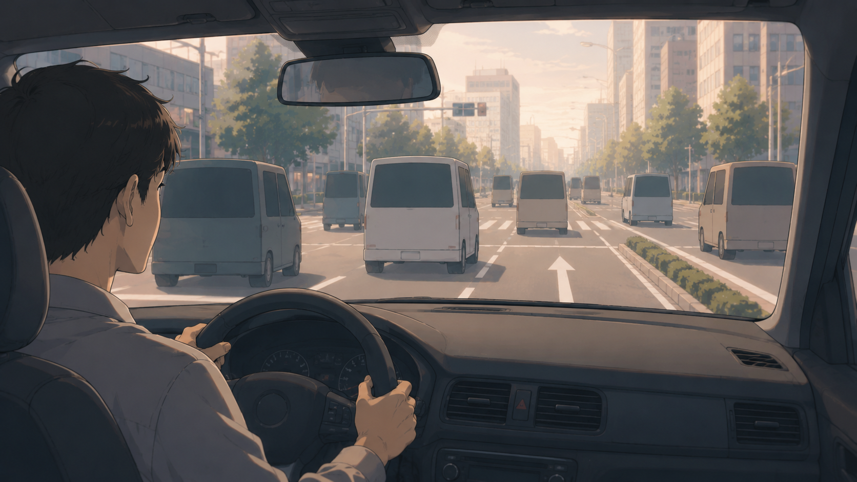 運転席から見た、顔の見えない無機質な車が並ぶ道路
