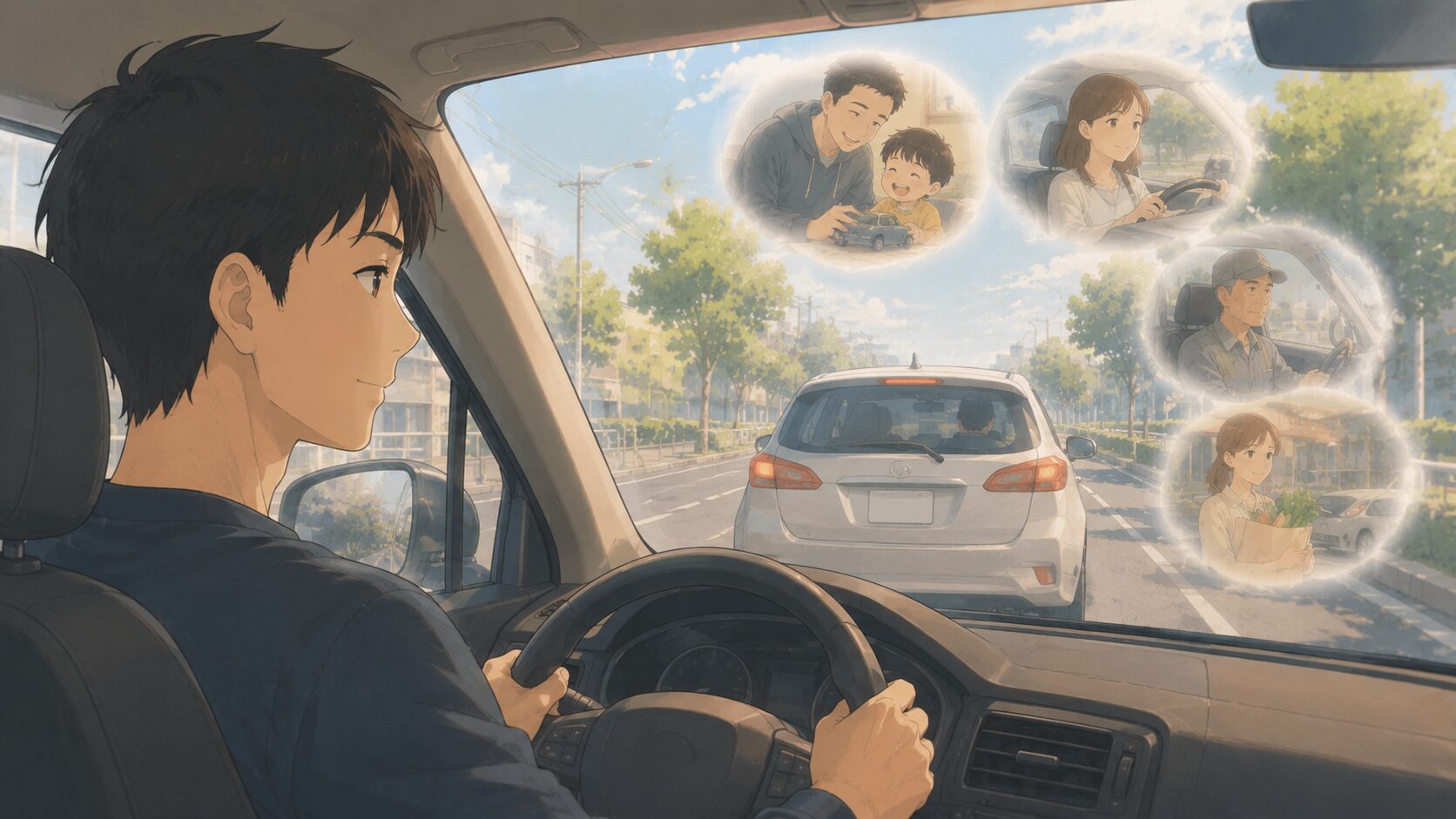 前の車の運転手にも家族や生活があると想像し、相手を人として意識するイメージ