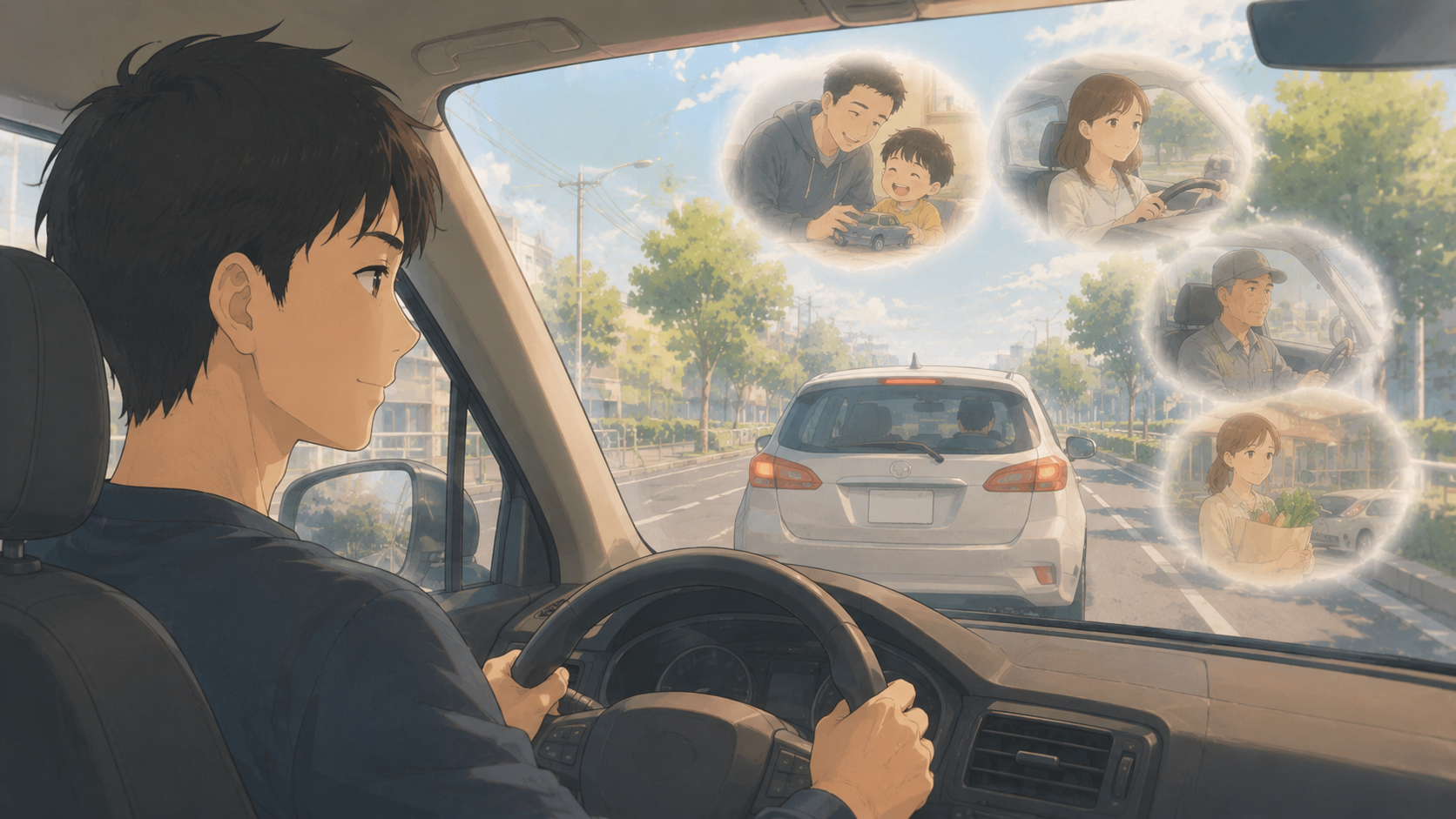 前の車の運転手にも家族や生活があると想像し、相手を人として意識するイメージ