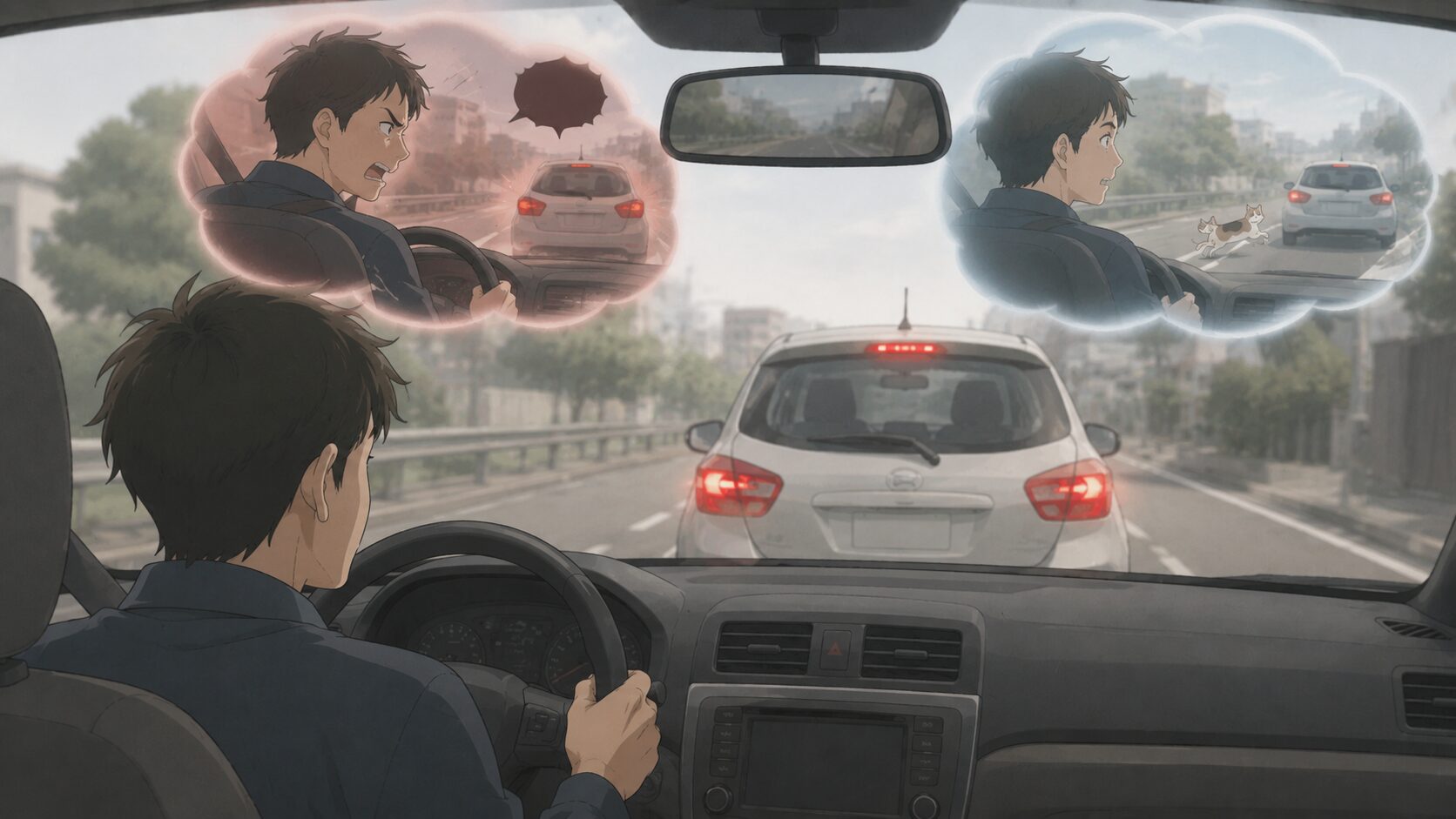 同じ運転場面を「わざと・嫌がらせ」と受け取る解釈と「うっかりだろう」と受け取る解釈の対比