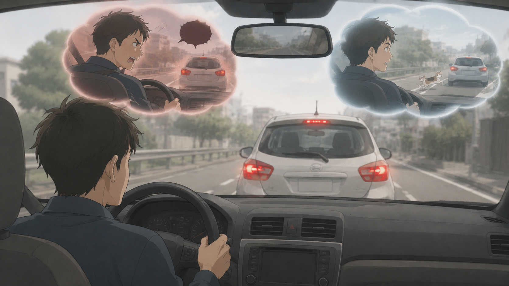 同じ運転場面を「わざと・嫌がらせ」と受け取る解釈と「うっかりだろう」と受け取る解釈の対比