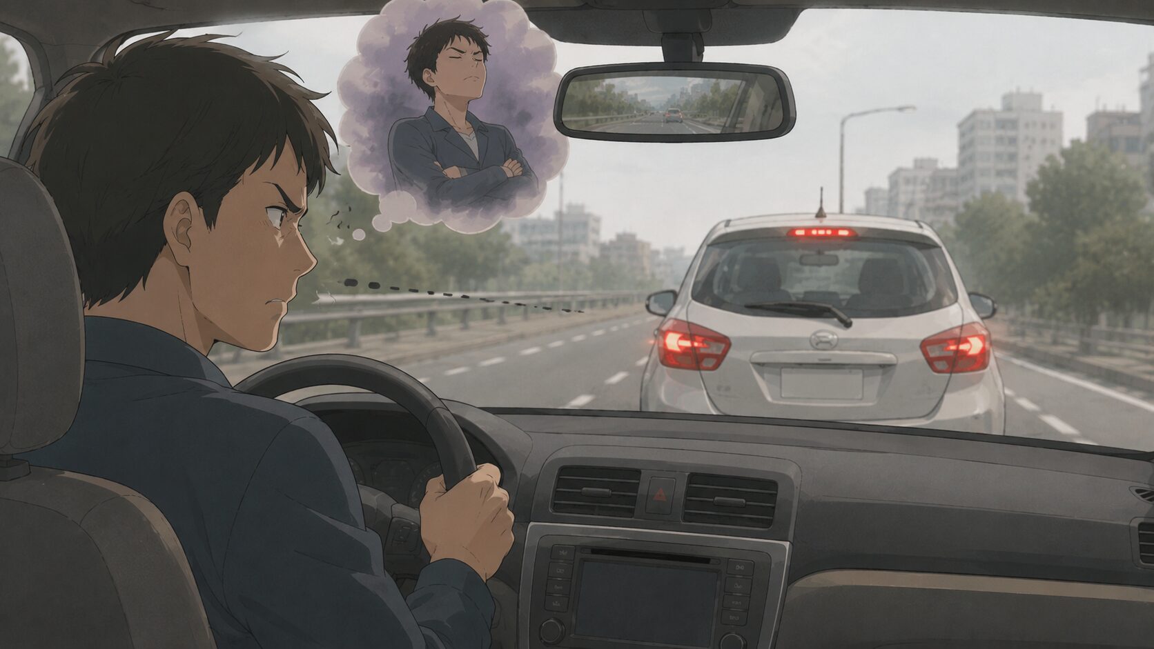 前の車の運転手を「もともとそういう性格の人だ」と決めつけて怒っているイメージ