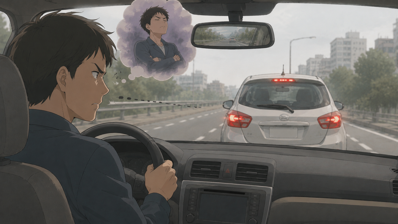 前の車の運転手を「もともとそういう性格の人だ」と決めつけて怒っているイメージ