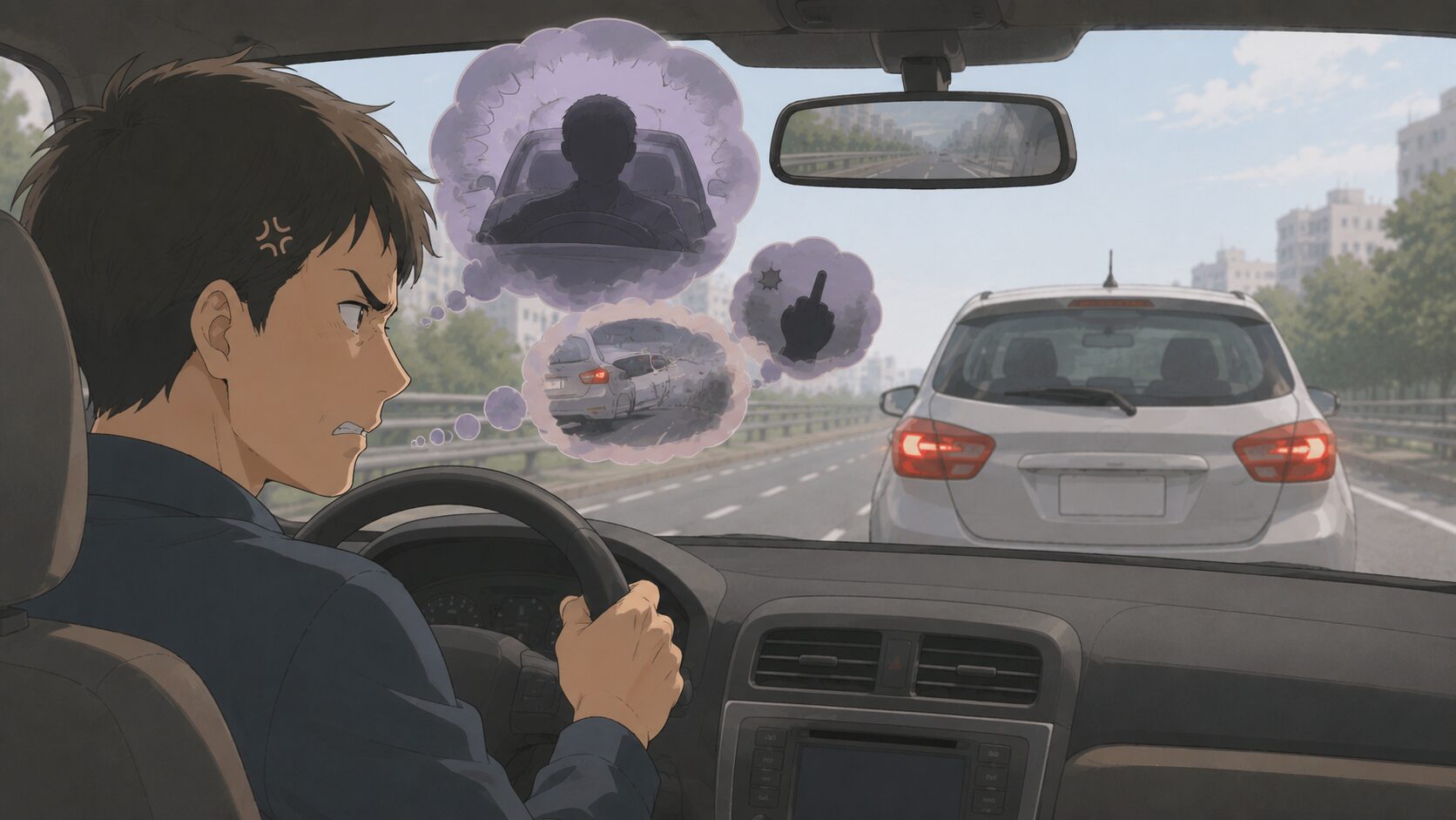 顔の見えない前車の運転手を、悪意のシルエットで想像してしまうイメージ
