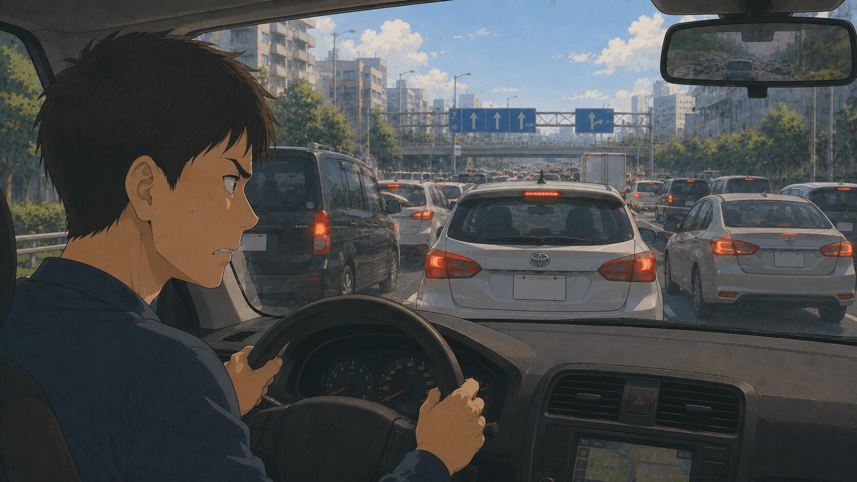 大渋滞にはまって落ち着かないドライバー