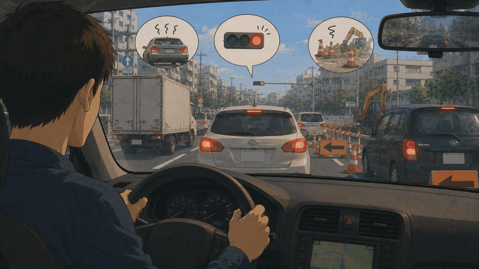 遅い車・赤信号・工事など進行を邪魔するものに囲まれる