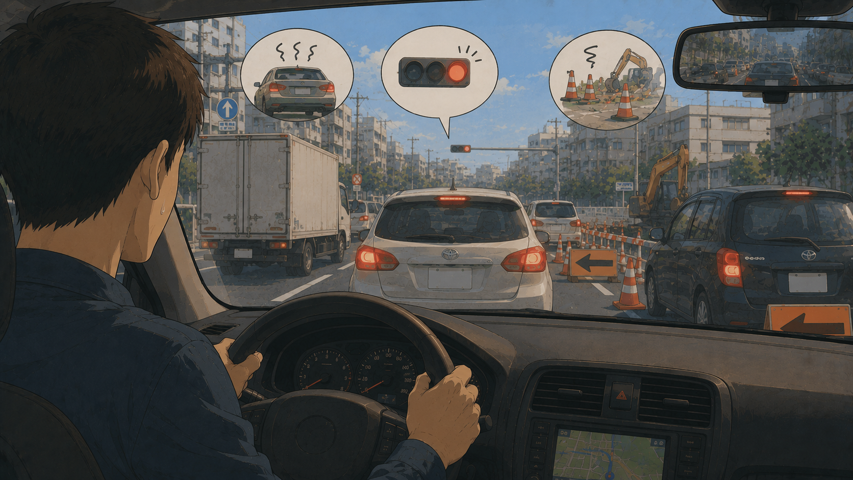 遅い車・赤信号・工事など進行を邪魔するものに囲まれる
