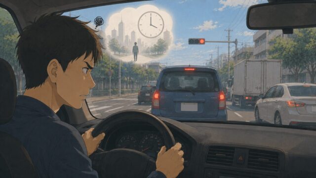 時間に追われ焦った表情で運転するドライバー