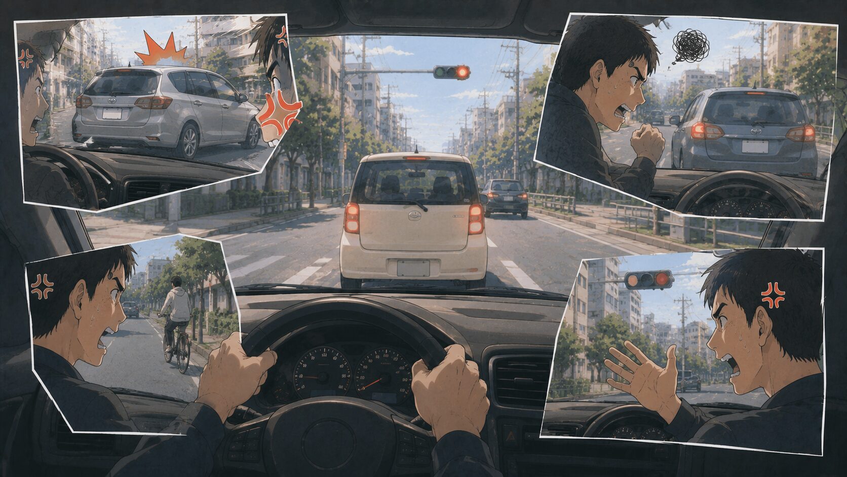 割り込み・赤信号・遅い車など次々に来る引き金に反応するドライバー