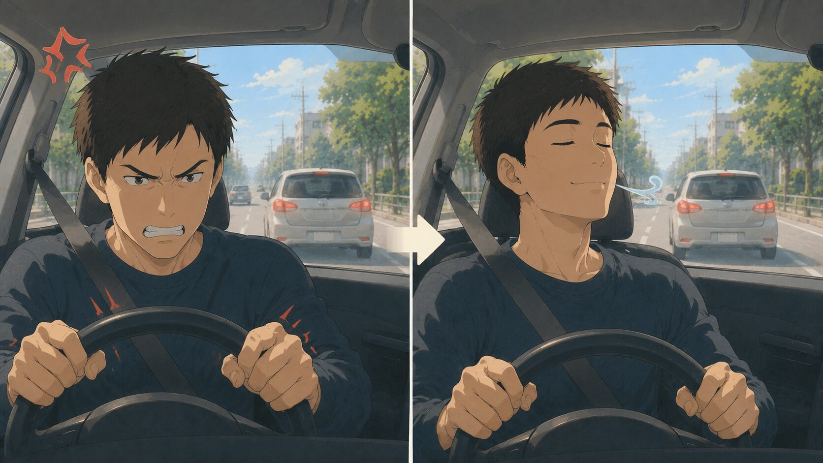苛立ちから深呼吸で落ち着いていくドライバー