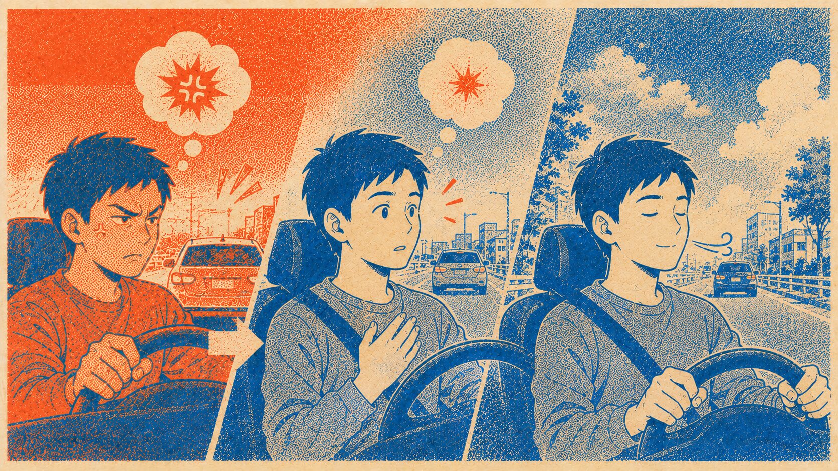 苛立ちに気づき深呼吸して落ち着いていくドライバー