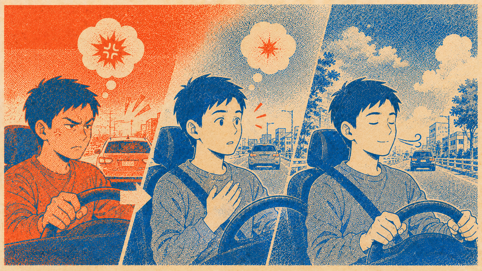 苛立ちに気づき深呼吸して落ち着いていくドライバー