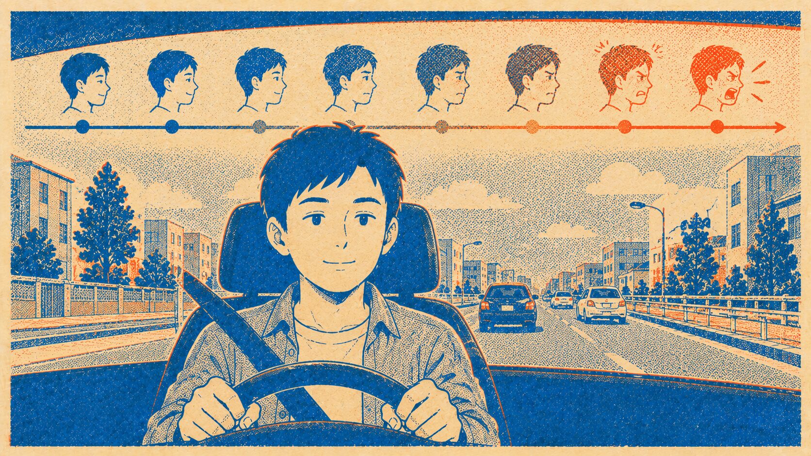 穏やかに運転するドライバーと連続した怒りの物差し