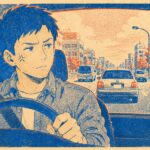 運転中に少し苛立つごく普通のドライバー（レトロ印刷風）
