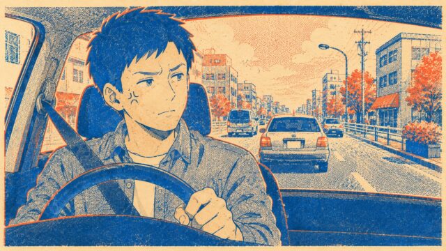 運転中に少し苛立つごく普通のドライバー（レトロ印刷風）