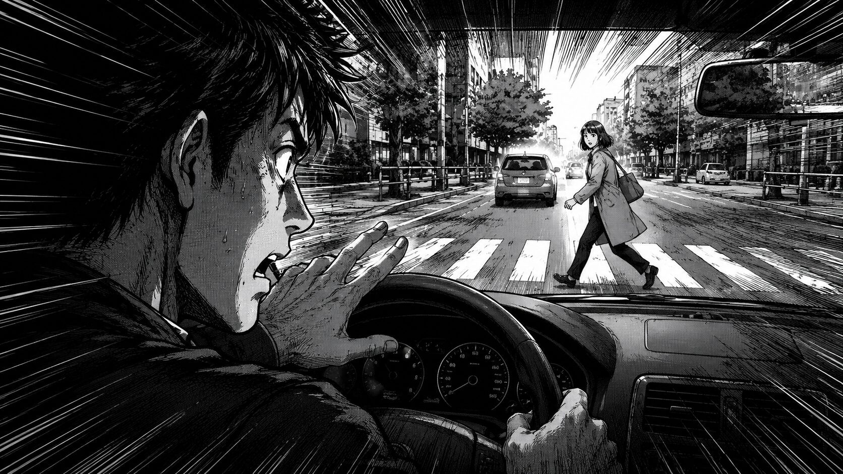 横断する歩行者への気づきが一瞬遅れるヒヤリの場面