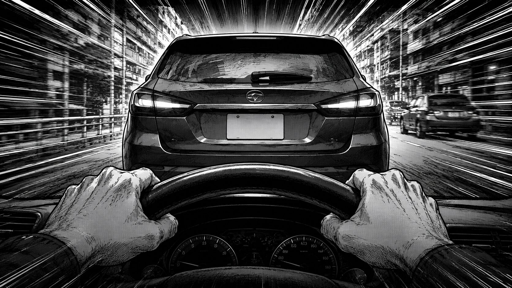 前の車に車間を詰めて迫る主観視点とスピード線
