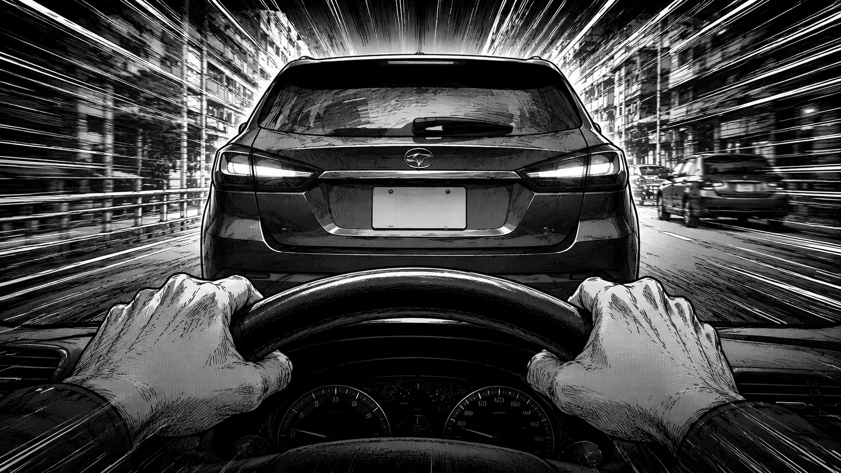 前の車に車間を詰めて迫る主観視点とスピード線