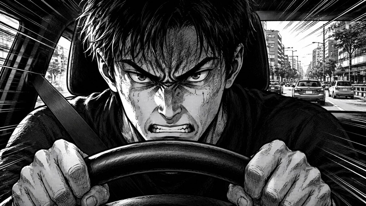 怒りで張り詰めた表情でハンドルを握るドライバー（モノクロ劇画）